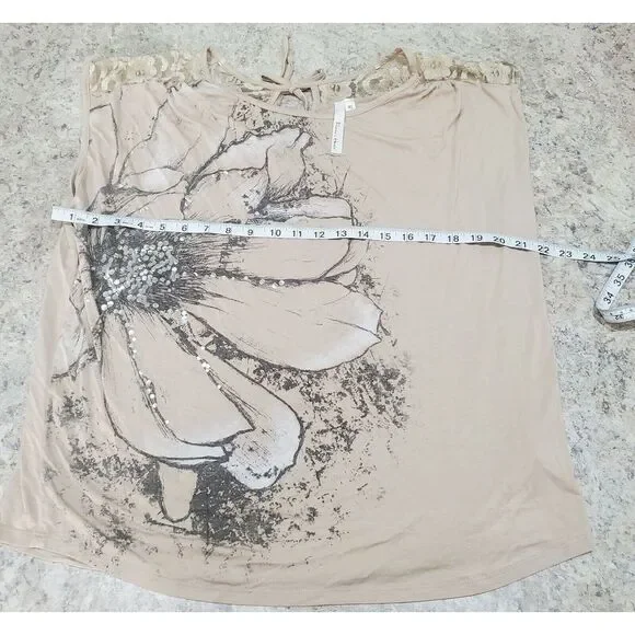 Flats and Heels Tank Womens XLarge Brown Short Sleeve Brown Floral Ladie Casual - Picture 3 of 6